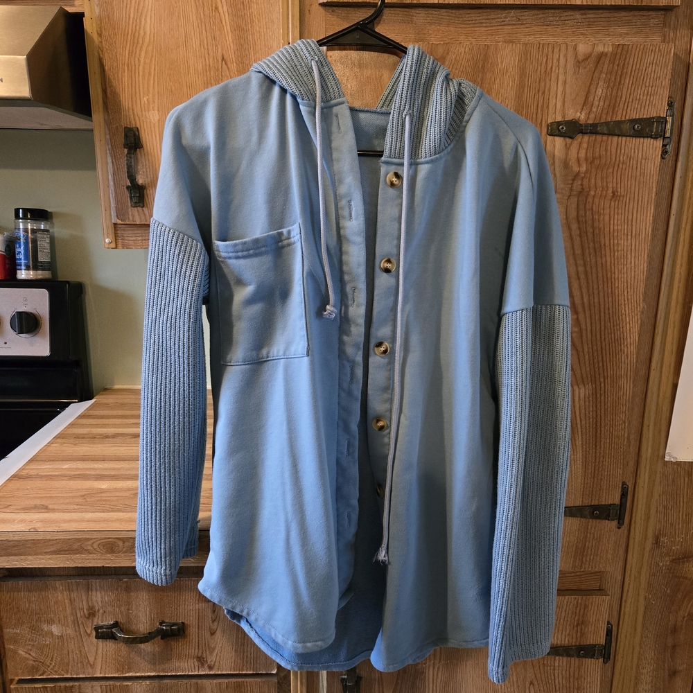 Light Blue Hooded Button-Up Jacket